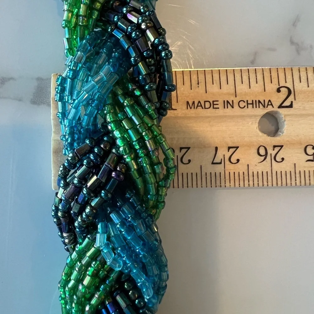 Vintage Braided Bead Necklace, Green, Blue and Irridescent
